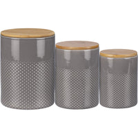 Farmhouse Style Set of 3 Gray Glaze Design Stoneware Canisters With Wooden Lids