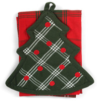 Green Holiday Tree Red Plaid 9.5 x 9.5 Cotton Decorative Christmas Potholder Set