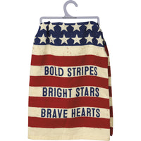 Patriotic Dish Towel with Bold Stripes, Bright Stars, Brave Hearts Sentiment