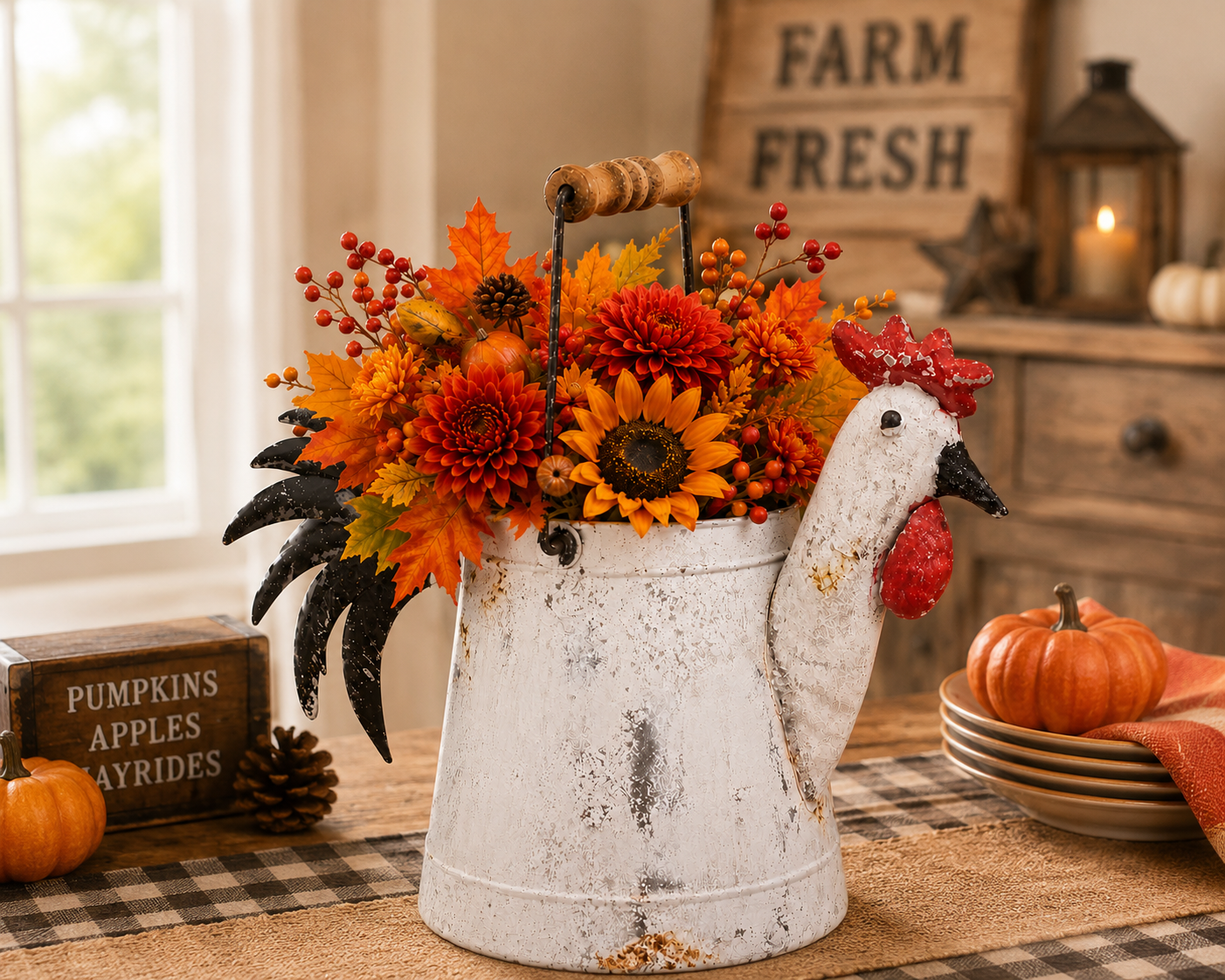 Rustic Rooster farmhouse centerpiece styled in a home