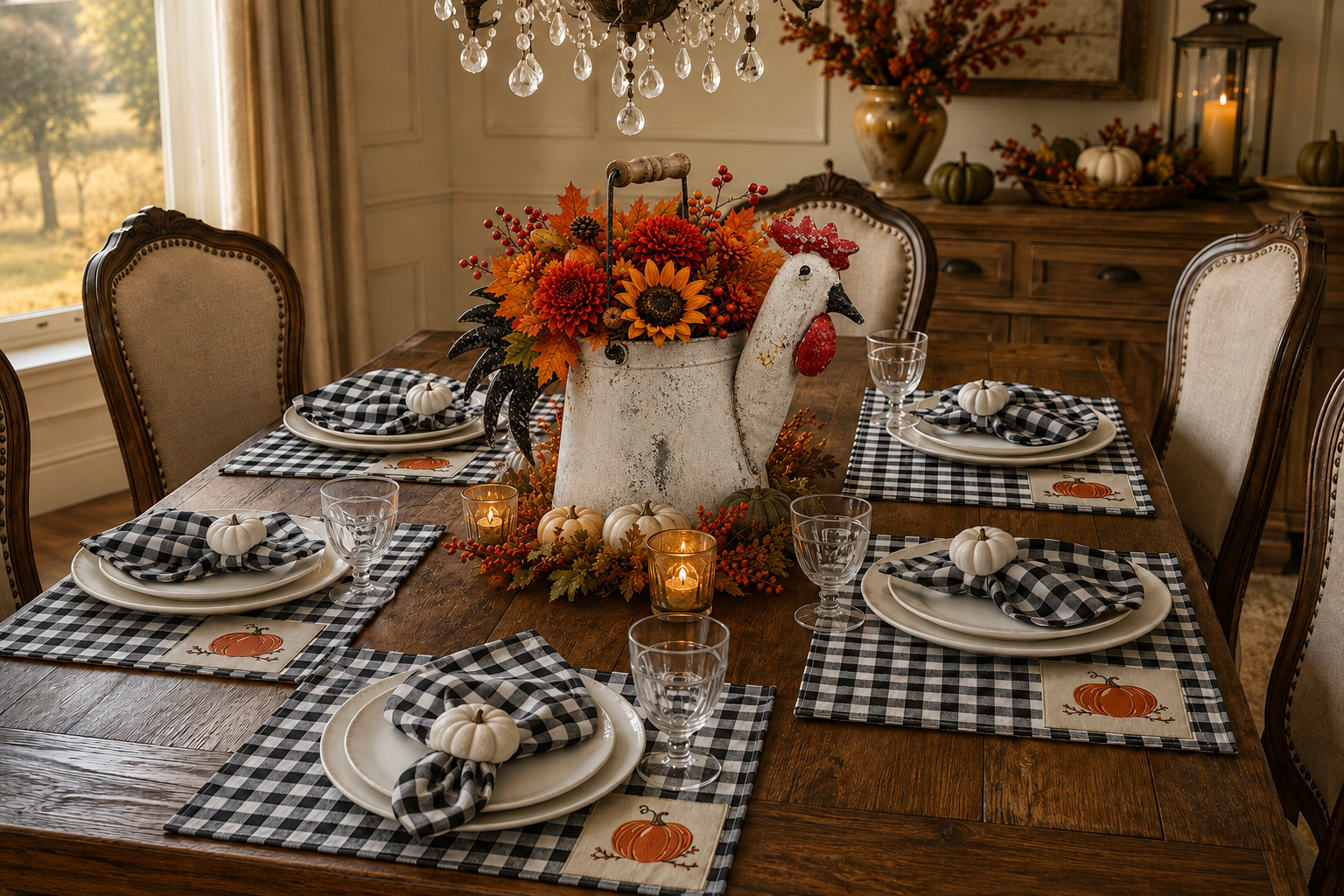 Elegant Autumn Checkerboard dining table with Fall Rustic Rooster centerpiece
